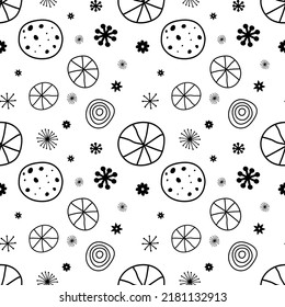 Vector illustration of art circle and little flower black line seamless pattern on white background.