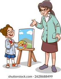Vector illustration of art class scene with child learning painting with teacher support