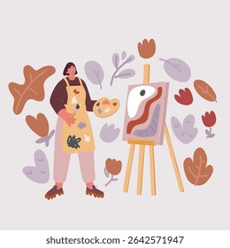 Vector illustration of Art craft profession, activity or hobby. Female character painting on canvas. Woman having creative occupation, girl at studio with palette and paintbrush,