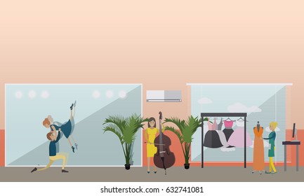 Vector illustration of art and crafts professionals. Clothing stylist, musician bassist and ballet dancers concept design elements in flat style.
