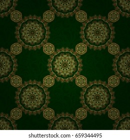 Vector illustration. Art deco style. Abstract geometric modern background. Texture of gold foil. Polka dots, confetti. Shiny backdrop. Green and gold seamless pattern.