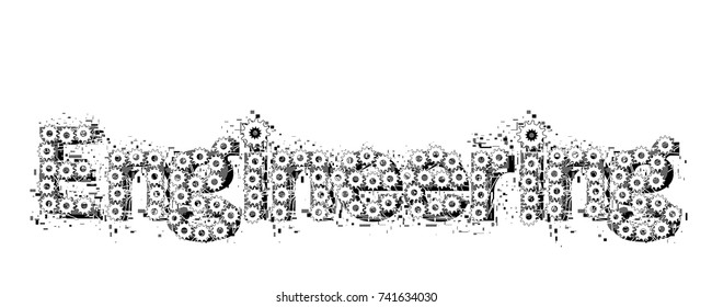 Vector Illustration Art of Engineering Text in Black and White Color, Made from The Combination of Gears to Form up The Word, Isolated on White Background with Copy Space for Text.