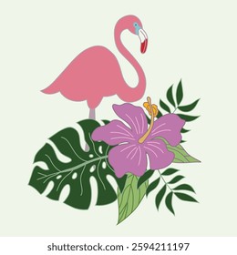 Vector illustration art. Flamingo with leaf. 