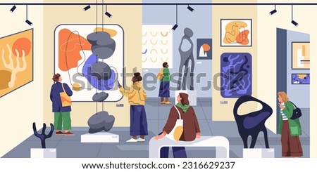 Vector illustration of art gallery indoor view. Flat image of gallery exhibition or image of interior exposition. Public hall with presentation of art. People event. Cartoon inside view on painting