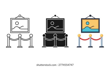 Vector illustration of an art gallery interior showcasing framed paintings on display, separated by velvet stanchions. This graphic is ideal for concepts related to culture, art, and exhibitions.