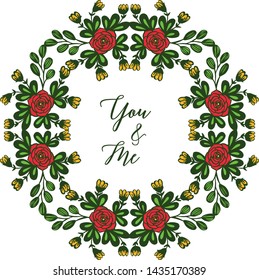 Vector illustration art green leafy bouqet frame for shape of card you and me