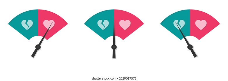 Vector illustration art of hate and love meter. A heart in red, a broken heart in blue and a pointer. 