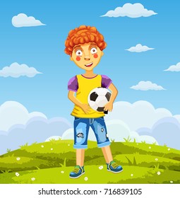 Vector illustration art of little boy in shirt and short playing football on a meadow . Pretty football player.
