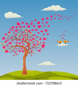 Vector illustration art  of the love tree with heart leaves. Valentine day concept 