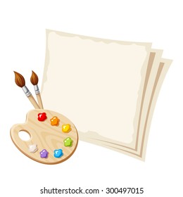 Vector illustration of art palette with paint and brushes and paper sheets.