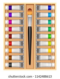 vector illustration of art professional set palette oil paint in tubes with a brush