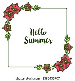 Vector illustration art red flower frame isolated on backdrop with card hello summer hand drawn