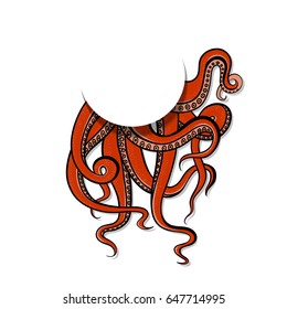 Vector illustration art red tentacles of the monster octopus. Drawing creepy cephalopod mollusk. The design element on the marine theme, emblem or logo