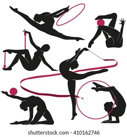 Vector illustration of art of rhythmic gymnastics
Lifestyle icons set female silhouettes of gymnasts. Female sports, fitness, gym, health, beauty

