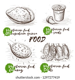 Vector illustration art set. Black and white sketch. Raw, vegan, vegetarian food. Cartoon set with monochrome seeds on white background. Chia seeds, caraway, different seeds and Chenopodium quinoa.