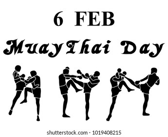 Vector Illustration Art of Six Thai Boxing Martial Artists in Fighting Actions in Black and White Color, Isolated on White Background with Muay Thai Day Text.