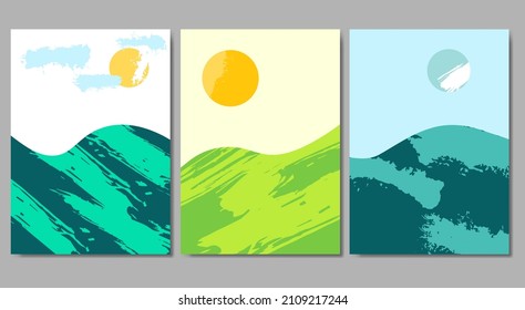 Vector illustration art, spring splash mountains. Set of landscape with mountain, sun, moon. Design elements design invitations, business cards, gift cards, flyers and brochures.