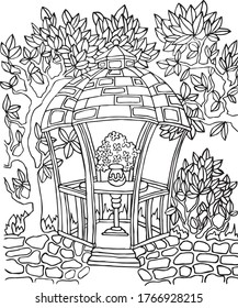 Vector illustration for art therapy, coloring, for greeting cards, posters, stickers, design,wallpaper. Art therapy picture coloring antistress park with flowers, trees, jug with flowers, table, porch