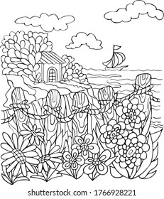 Vector illustration for art therapy, coloring, for greeting cards, posters, stickers, design,wallpaper. Art therapy picture coloring antistress park with flowers, tree, ship, sea, fence, clouds