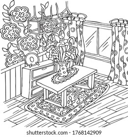 Ilustración vectorial para la terapia artística, coloreado, para tarjetas de felicitación, afiches, pegatinas, diseño, papel tapiz. Decoración antiestrés con cuadros de arte en el interior con mesa, flores, moqueta, ventana, cortinas