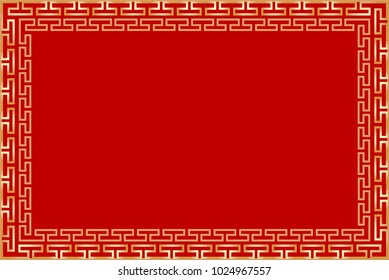 Vector Illustration Art of Traditional Gold Chinese Frame or Border Pattern on Red Background.  This Can Be Used for Chinese New Year or Wishes Cards.