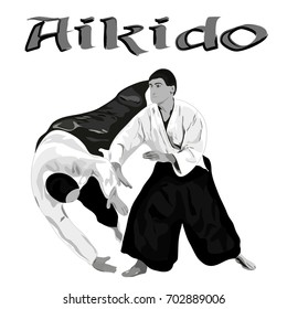 Vector illustration art of two Aikido martial art masters illustrating throwing technique, isolated on white background, clipping / selection path included.