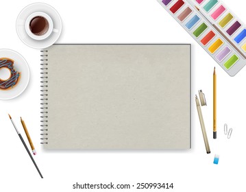 Vector illustration of Art workspace with notebook and coffee