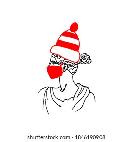 Vector illustration of Artemis wearing a Christmas hat in hand drawn.New Year with a woman in doodle.Coronovirus picture of the ancient Greek god.Design for packaging,social networks,cards.