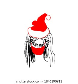 Vector illustration of Artemis wearing a Christmas hat in hand drawn.New Year with a woman in doodle.Coronovirus picture of the ancient Greek god.Design for packaging,social networks,cards.