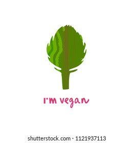 Vector illustration of artichoke with hand drawn lettering on the topic of vegetarianism for t-shirt, poster, card and vegetarian cafe design