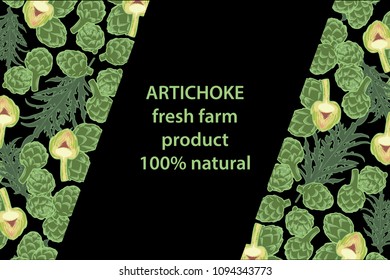 vector illustration of artichoke and leaf design background black and vegetable and text fresh farm product 100 percent natural EPS10