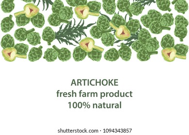 vector illustration of artichoke and leaf design background white and vegetable and text fresh farm product 100 percent natural EPS10