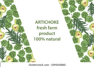 vector illustration of artichoke and leaf design background white and vegetable and text fresh farm product 100 percent natural EPS10