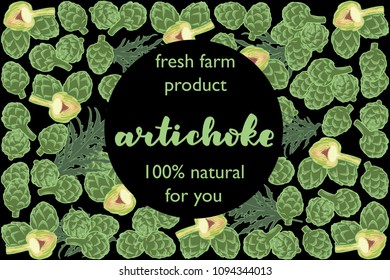 vector illustration of artichoke and leaf design with lettering artichoke background black and vegetable and text fresh farm product 100 percent natural for you EPS10