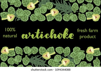 vector illustration of artichoke and leaf design with lettering artichoke background black and vegetable and text fresh farm product 100 percent natural EPS10