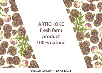 vector illustration of artichoke and leaf design background white and vegetable and text fresh farm product 100 percent natural EPS10