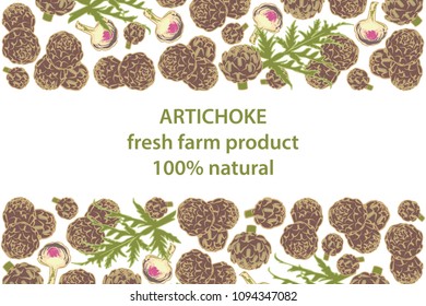 vector illustration of artichoke and leaf design background white and vegetable and text fresh farm product 100 percent natural EPS10