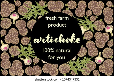 vector illustration of artichoke and leaf design with lettering artichoke background black and vegetable and text fresh farm product 100 percent natural for you EPS10