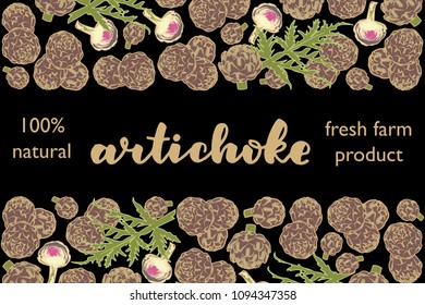 vector illustration of artichoke and leaf design with lettering artichoke background black and vegetable and text fresh farm product 100 percent natural EPS10