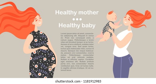 Vector illustration for an article about the health of a pregnant woman. A woman is waiting for the birth of the baby. Happy mom playing with baby