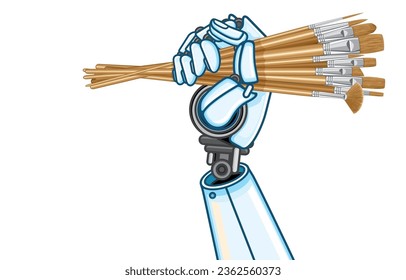 Vector illustration of Artificial Intelligence arm raised up,robotic hand to create,draw on digital platform holding paintbrushes bunch with different bristles,on white.Ai art generator concept.