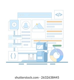 ilustração vetorial de inteligência artificial construindo um site sem código, design de site e desenvolvimento web com tecnologia de inteligência artificial, AI website builder.