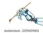 Vector illustration of Artificial Intelligence hand hold flat artistic paint brush,red painted tip with red drops,futuristic robot create and draw images on digital platform,isolated on white.