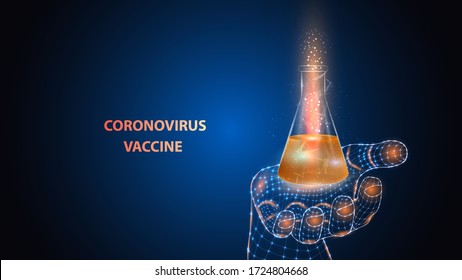 Vector illustration of an artificial intelligence hand holding a glass flask with a coronavirus vaccine. EPS 10