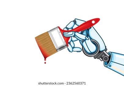 Vector illustration of Artificial Intelligence hand hold flat wide paint brush,red handle with red drops,Ai art generator,robot assistant,futuristic robot create,draw images digital platform,on white.