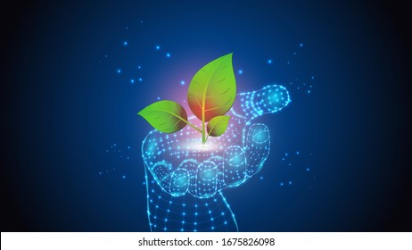 Vector Illustration Of Artificial Intelligence Holding A Plant In Hand With Green Leaves. Science, Futuristic, Web, Network Concept, Communications, High Technology. EPS 10