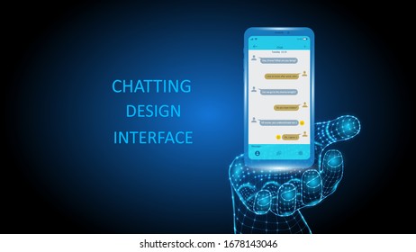 Vector illustration of artificial intelligence holding a smartphone in hand with chat for communication. Science, futuristic, web, network concept, high technology. EPS 10