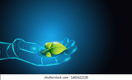Ilustración vectorial de la inteligencia artificial sosteniendo una planta en mano con hojas verdes. Ciencia, futurista, web, concepto de red, comunicaciones, alta tecnología. EPS 10