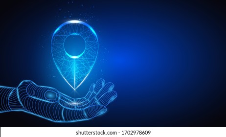 Vector illustration of artificial intelligence holding a glowing road marker in hand. Road, route, map, destination, road application. EPS 10.