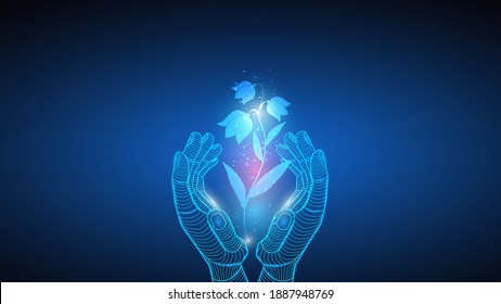 Vector illustration of artificial intelligence holding a plant in hand. Science, futuristic, web, network concept,communications, high technology. EPS 10